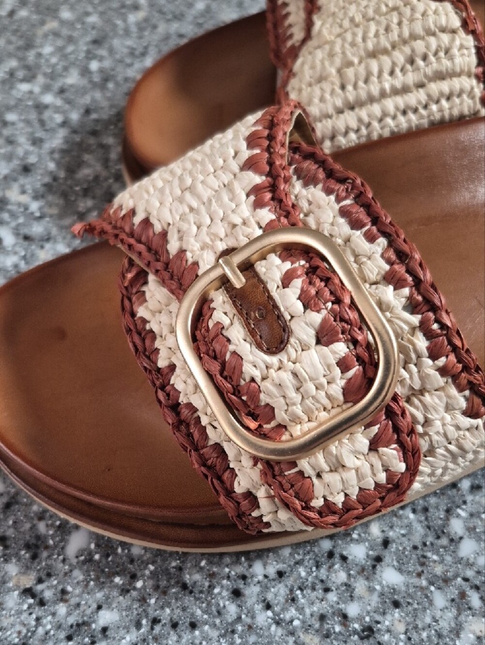 Steve Madden Woven Buckle Slide Sandals in Cream and Tan - Picture 6 of 6